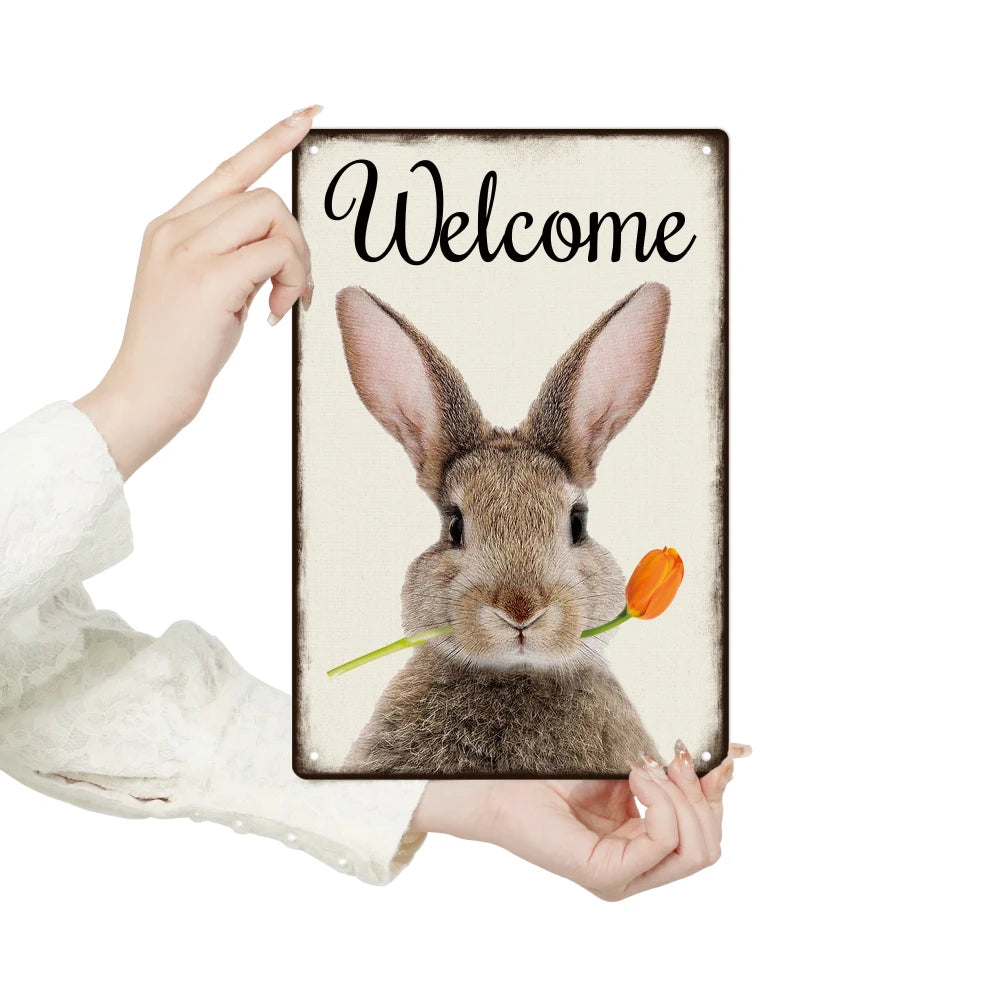 1pc Welcome Metal Sign, Vintage Rabbit