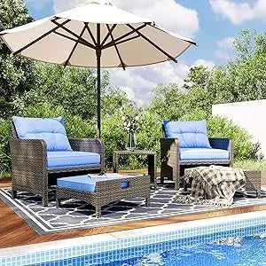 5 Pieces Wicker Outdoor Patio Chairs Set with Coffee Table and Ottomans