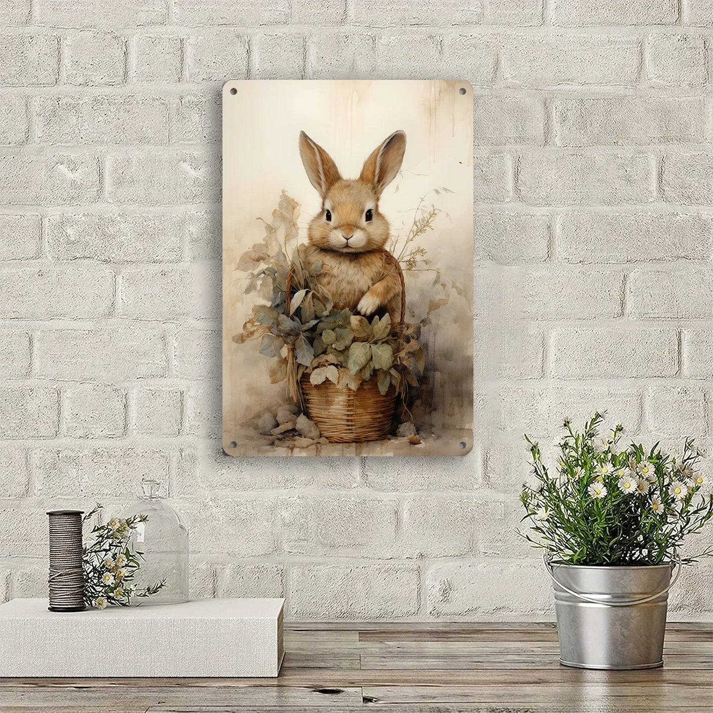 Basket Bunny Vintage Easter Wall Art Sign