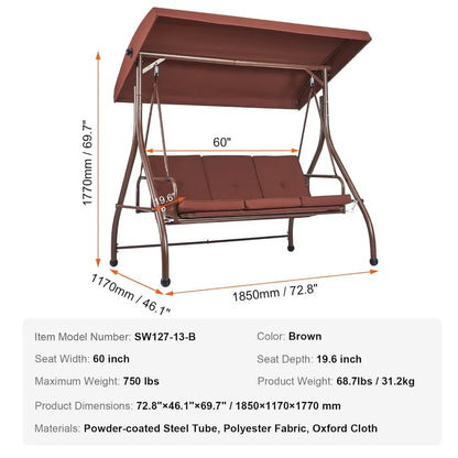 3-Seat Patio Swing Chair, with Removable Thick Cushions
