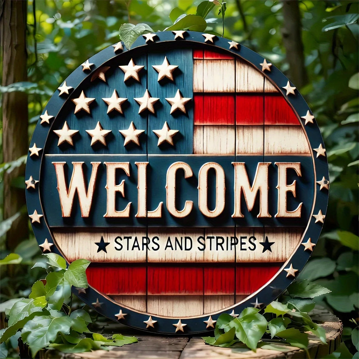 Patriotic Round Metal Welcome Sign
