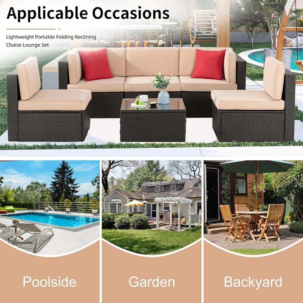 6 Pieces Patio garden furniture set w/Glass Table, Ottoman, Cushion and Pillows