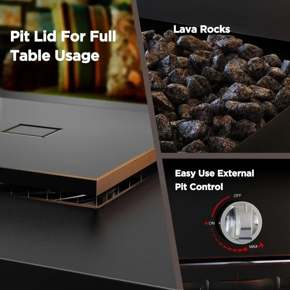28 Inch Propane Fire Pit Table with Steel Construction, Lid, Lava Rocks, and Warmth