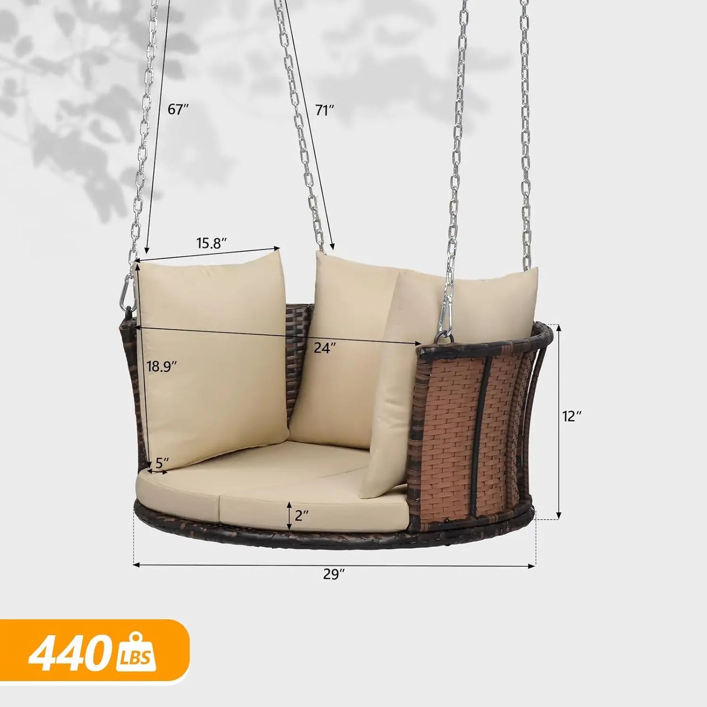 2.4 FT 1-Person Use Round Rattan Porch Swing with Cushions & Adjustable Chains