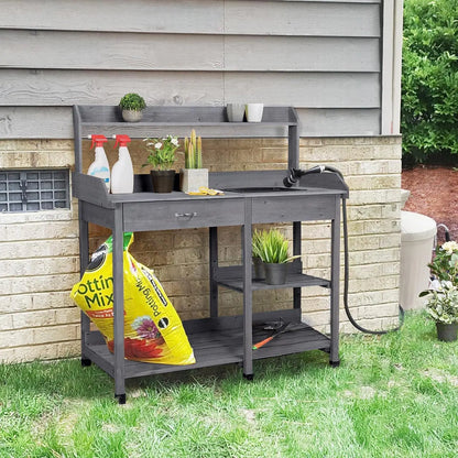 Outdoor Potting Bench with Drawer/Adjustable Shelf Rack/Removable
