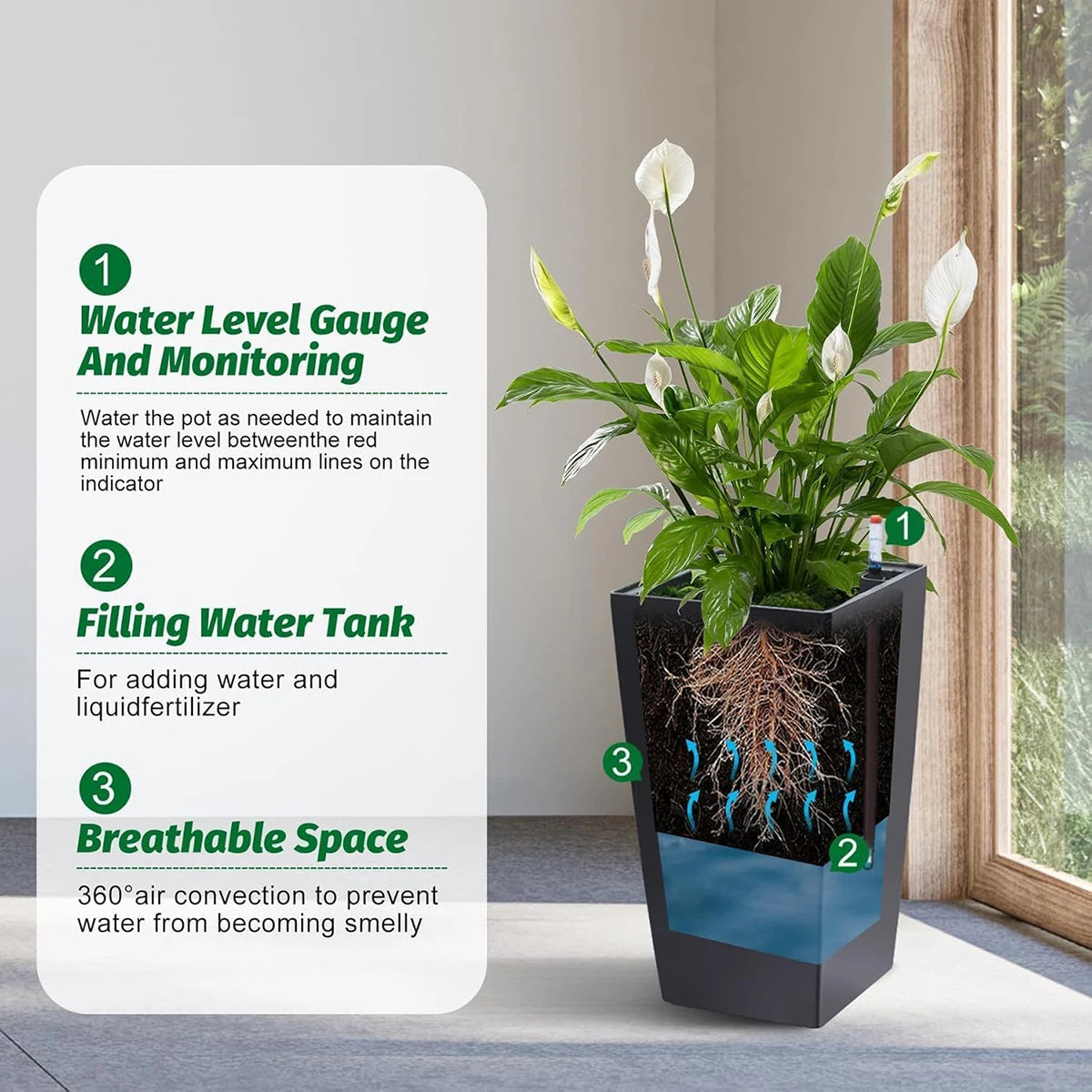 Large Plant Pots with Drainage Holes＆ Water Level Monitor