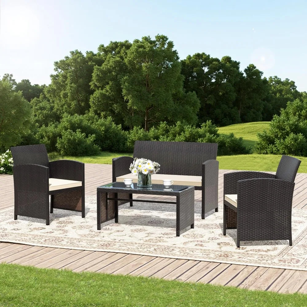 4-piece wicker conversation set with 2 rattan chairs 1 loveseat 1 coffee table removable seat cushion