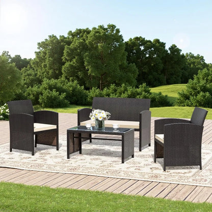 4-piece wicker conversation set with 2 rattan chairs 1 loveseat 1 coffee table removable seat cushion