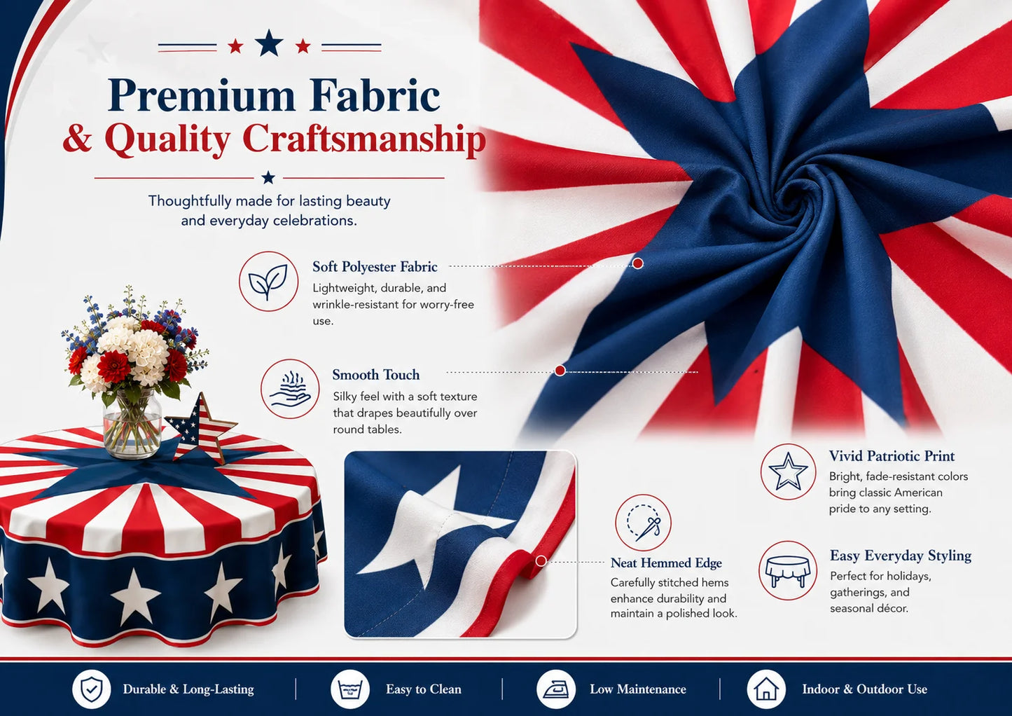 Round Patriotic Tablecloth Red White Blue Star Stripes Print