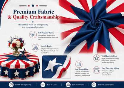 Round Patriotic Tablecloth Red White Blue Star Stripes Print